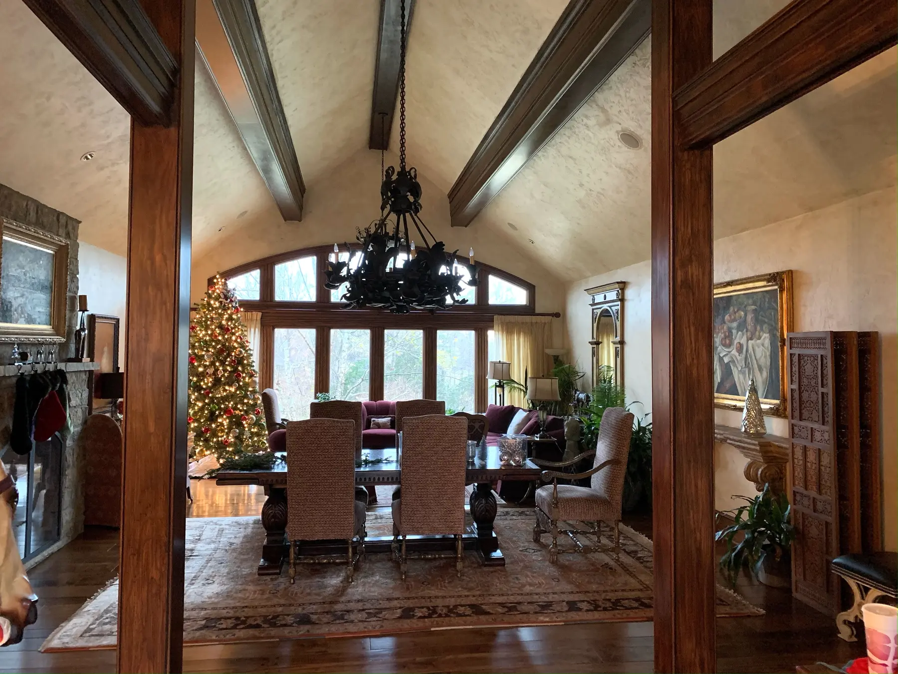 Timber-framed great room in a custom Western North Carolina home